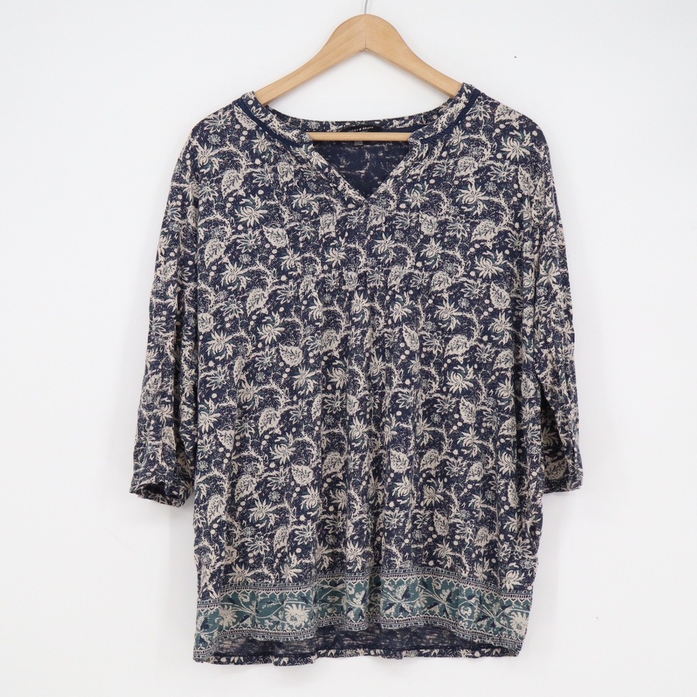 Lucky Brand Womens 2X Indigo Blue Floral Paisley Split V-Neck 3/4 Sleeve Blouse - Picture 1 of 6